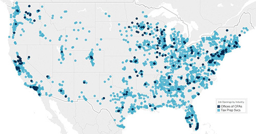 Location of job openings in the US