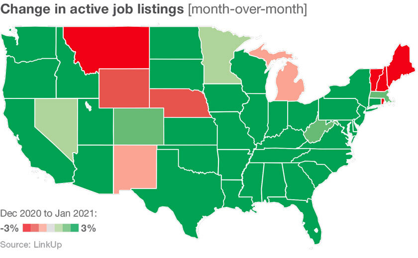 Change in job listings by state in January 2021