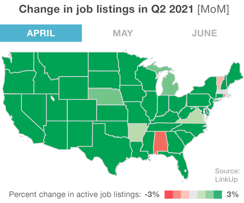 US Map - Change in Job Listings in Q2 2021