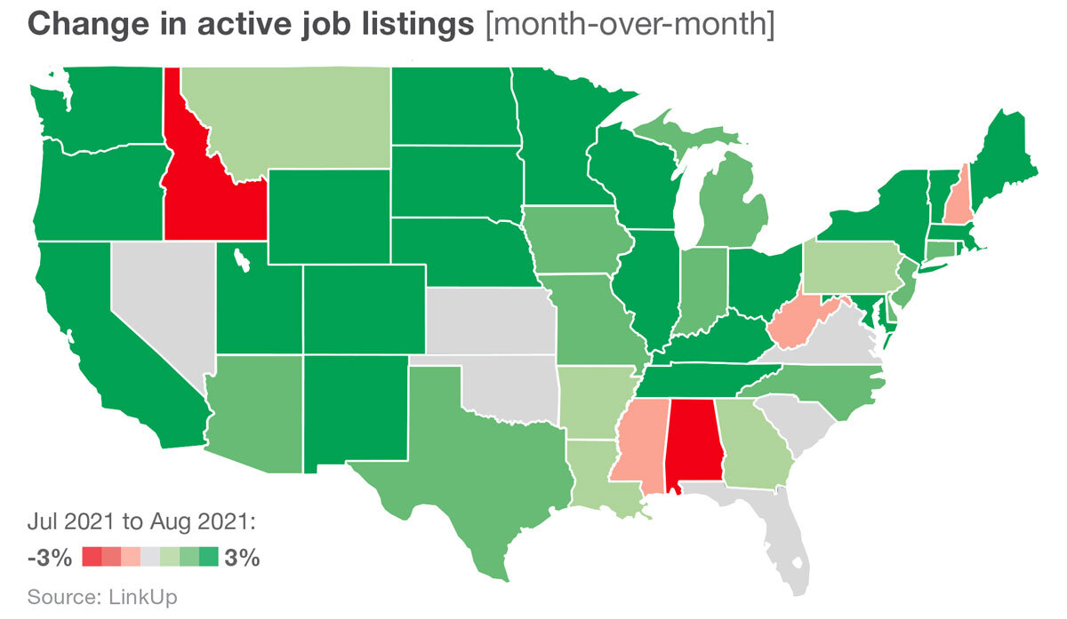 US Map of change in active job listings August 2021
