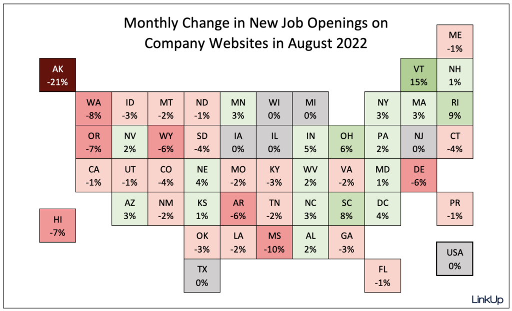 US map of monthly change in new job openings in August 2022